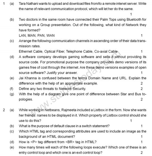 CBSE Class 12 Informatics Practices Sample Paper 2011 Solved Set F